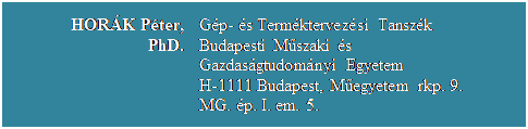 Szvegdoboz: HORK Pter, PhD.	Gp- s Termktervezsi Tanszk
Budapesti Mszaki s Gazdasgtudomnyi Egyetem
H-1111 Budapest, Megyetem rkp. 9. 
MG. p. I. em. 5.

